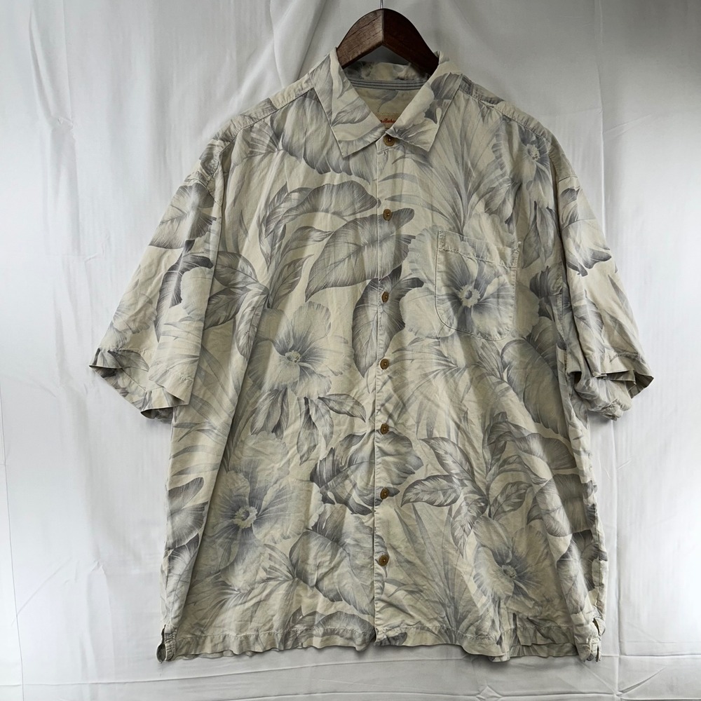 Tommy Bahama Button Up Shirt Mens XXL Cream Gray Silk Floral Palm Leaf SS